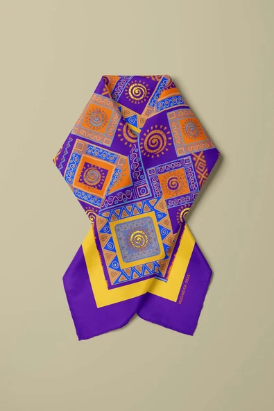 H16 Kadın Mor Sarı Ethnic Patch Desenli 50x50 Bandana - Resim 4