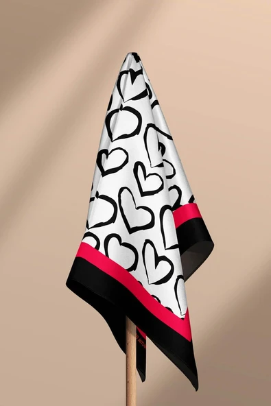 B57 Kadın Kırmızı Beyaz Sİyah Heart Desenli 50x50 Bandana - Resim 5