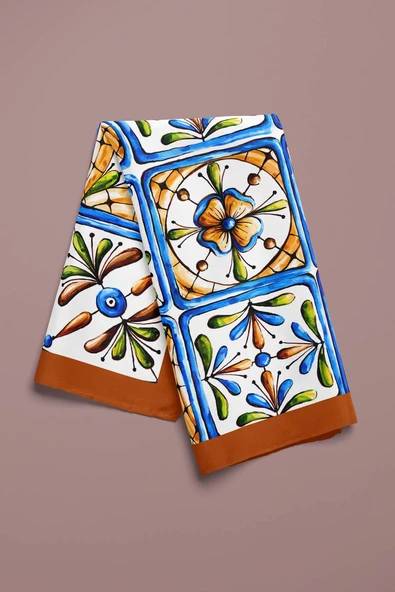 E29 Kadın Kareli Desenli Bandana 50x50 Mavi Sarı DG0338-22 - Resim 4