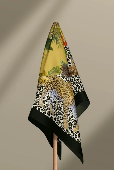 Z17 Kadın Sarı Kaplan Desenli 50x50 Bandana HYL DG01286-22 - Resim 4