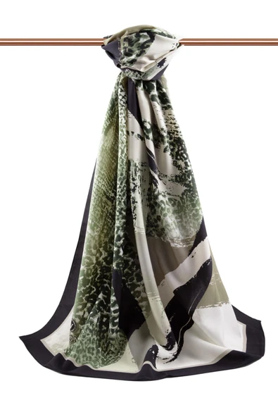 LÜKS MEDİNE İPEĞİ LEOPAR DESENLİ KREM - HAKİ YEŞİLİ RENKLİ 75X195 KIRIŞMAZ ŞAL MOSS KREP DİKİŞ TİPİ İTALYAN DİKİŞLİ - Resim 2