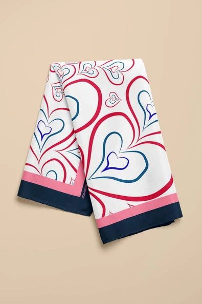 H18 Kadın Kırmızı Kalp Desenli 50x50 Bandana HYL DG0824-22 - Resim 3