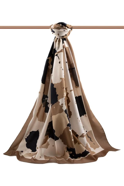 LÜKS MEDİNE İPEĞİ BOYA EFEKTİ DESENLİ VİZON RENKLİ 75X195 KIRIŞMAZ ŞAL MOSS KREP DİKİŞ TİPİ İTALYAN DİKİŞLİ - Resim 2