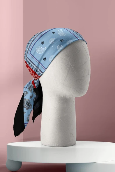 D66 Kadın Mavi Kare Desenli 50x50 Bandana HYL DG01218-22 - Resim 3