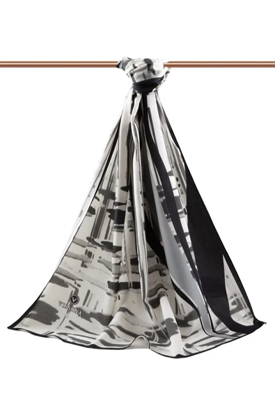 LÜKS MEDİNE İPEĞİ GEOMETRIK DESENLİ GRİ RENKLİ 75X195 KIRIŞMAZ ŞAL MOSS KREP DİKİŞ TİPİ İTALYAN DİKİŞLİ - Resim 2