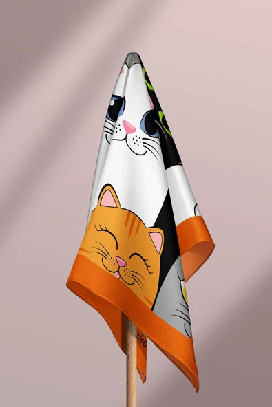 B88 Kadın Kedi Desenli Bandana 50x50 Gri Sarı DG0397-22 - Resim 6