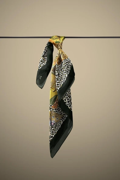 Z17 Kadın Sarı Kaplan Desenli 50x50 Bandana HYL DG01286-22 - Resim 5