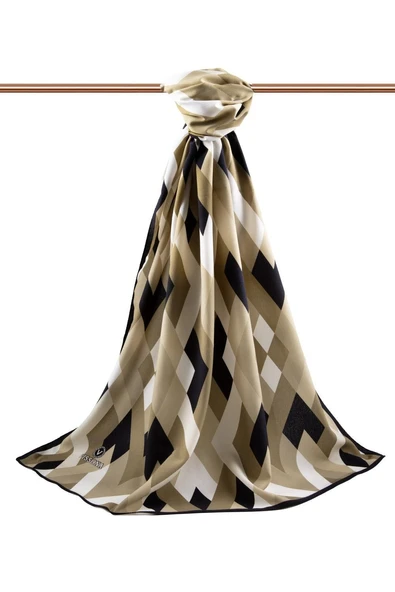 LÜKS MEDİNE İPEĞİ GEOMETRİK DESENLİ VİZON RENKLİ 75X195 KIRIŞMAZ ŞAL MOSS KREP DİKİŞ TİPİ İTALYAN DİKİŞLİ - Resim 2