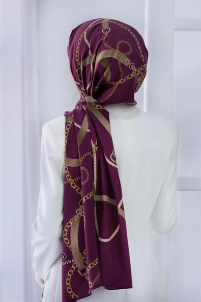 LÜKS MEDİNE İPEĞİ ZİNCİRLİ KEMER DESENLİ MÜRDÜM RENKLİ 75X195 KIRIŞMAZ ŞAL MOSS KREP DİKİŞ TİPİ İTALYAN DİKİŞLİ ürün görseli