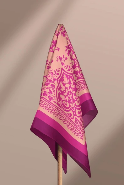 E110 Kadın Vintage Desenli Bandana 50x50 Pembe DG0206-22 Snz - Resim 6