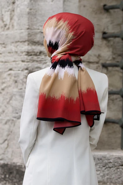 LÜKS MEDİNE İPEĞİ FREKANS  DESENLİ BORDO RENKLİ 75X195 KIRIŞMAZ ŞAL MOSS KREP DİKİŞ TİPİ İTALYAN DİKİŞLİ ürün görseli 1