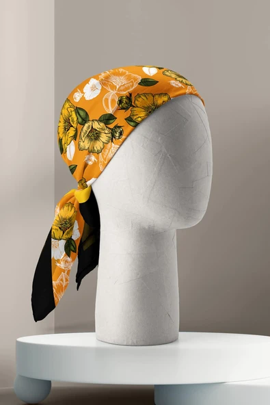 C98 Kadın Kavuniçi Sarı Sevda Desenli 50x50 Bandana HYL DG0993-22 - Resim 5