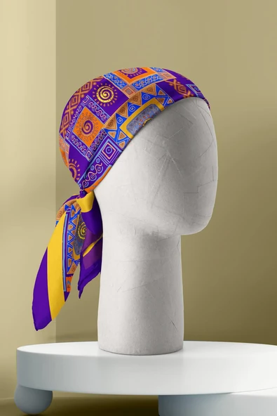 H16 Kadın Mor Sarı Ethnic Patch Desenli 50x50 Bandana - Resim 6