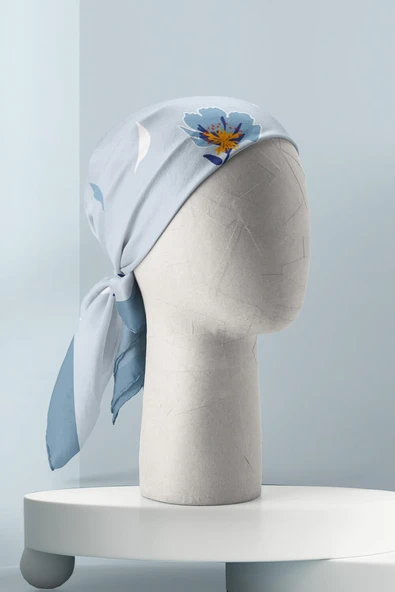 Kadın Çiçek Desenli Bandana 50x50 Açık Mavi DG0157-22 Snz - Resim 3