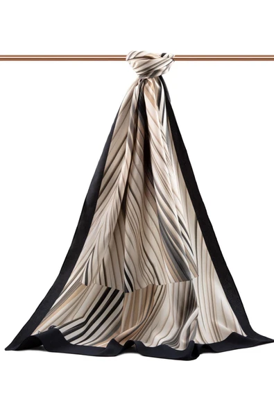 LÜKS MEDİNE İPEĞİ ÇİZGİLİ DESENLİ SİYAH RENKLİ 75X195 KIRIŞMAZ ŞAL MOSS KREP DİKİŞ TİPİ İTALYAN DİKİŞLİ - Resim 2