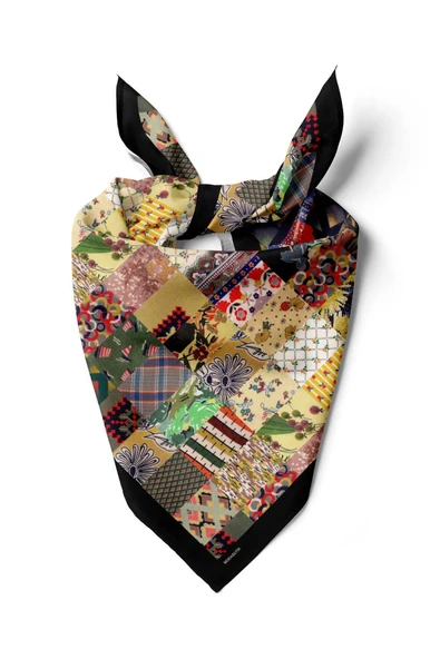 D99 Kadın Patchwork Desenli Bandana 50x50 Yeşil Sarı DG0259-22 ürün görseli 1