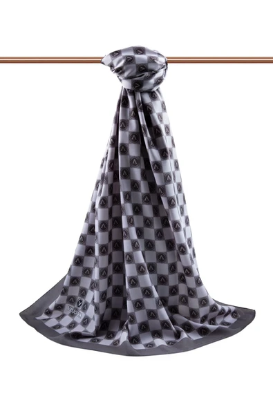 LÜKS MEDİNE İPEĞİ MONOGRAM DESENLİ GRİ RENKLİ 75X195 KIRIŞMAZ ŞAL MOSS KREP DİKİŞ TİPİ İTALYAN DİKİŞLİ - Resim 2