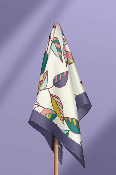 Y49 Kadın Yaprak Desenli Bandana 50x50 Turuncu Beyaz Yeşil DG0452-22 - Resim 3