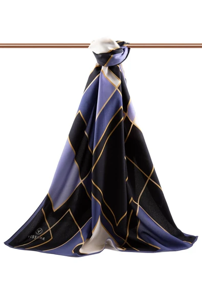 LÜKS MEDİNE İPEĞİ GOLD DETAYLI KARO DESENLİ İNDİGO RENKLİ 75X195 KIRIŞMAZ ŞAL MOSS KREP DİKİŞ TİPİ İTALYAN DİKİŞLİ - Resim 2