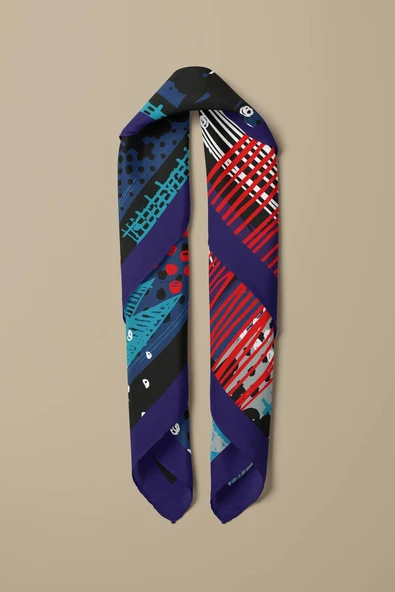 Y18 Kadın Egzotik Desenli Bandana 50x50 Mavi DG0402-22 - Resim 3