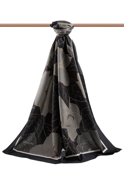 LÜKS MEDİNE İPEĞİ ÇİÇEK DESENLİ SİYAH RENKLİ 75X195 KIRIŞMAZ ŞAL MOSS KREP DİKİŞ TİPİ İTALYAN DİKİŞLİ - Resim 2