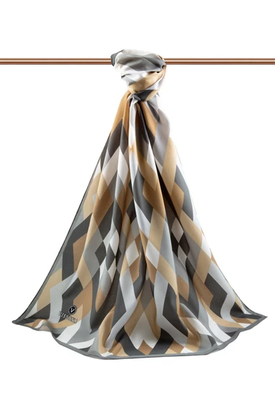 LÜKS MEDİNE İPEĞİ GEOMETRİK DESENLİ GRİ RENKLİ 75X195 KIRIŞMAZ ŞAL MOSS KREP DİKİŞ TİPİ İTALYAN DİKİŞLİ - Resim 2