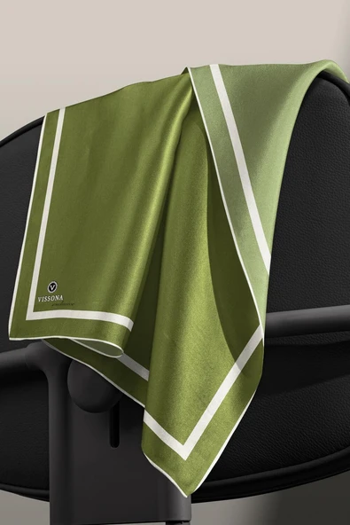 100% Twill İpek Düz Renk Bordür Desenli Küf Yeşili - Krem Renkli Daha Tok Exclusive Serisi 90x90 Dikim Şekli : El Dikişi Eşarp - Resim 5