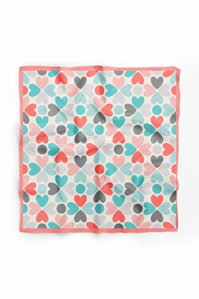 Kadın Pembe  Mavi Kalp Desenli 50x50 Bandana HYL DG0546-22 - Resim 2