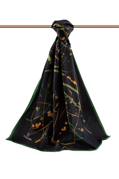 LÜKS MEDİNE İPEĞİ BOYA DAMLASI DESENLİ SİYAH - ZÜMRÜT YEŞİLİ RENKLİ 75X195 KIRIŞMAZ ŞAL MOSS KREP DİKİŞ TİPİ İTALYAN DİKİŞLİ - Resim 2