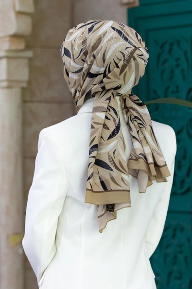 LÜKS MEDİNE İPEĞİ GEOMETRIK DESENLİ VİZON RENKLİ 75X195 KIRIŞMAZ ŞAL MOSS KREP DİKİŞ TİPİ İTALYAN DİKİŞLİ ürün görseli