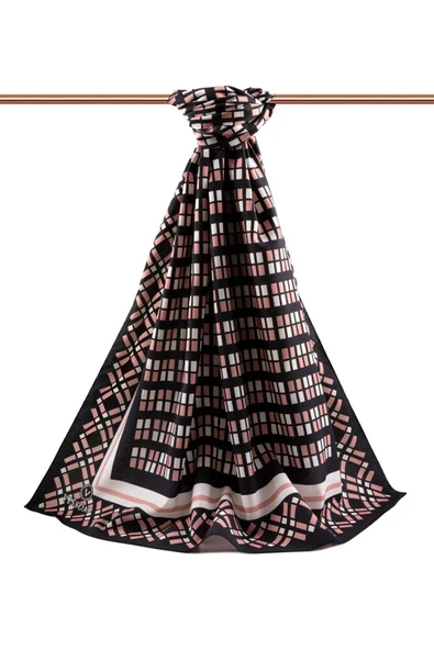 LÜKS MEDİNE İPEĞİ KARE DESENLİ PUDRA RENKLİ 75X195 KIRIŞMAZ ŞAL MOSS KREP DİKİŞ TİPİ İTALYAN DİKİŞLİ - Resim 2