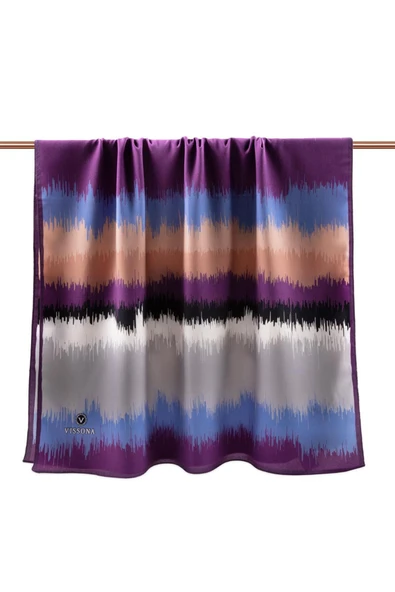 LÜKS MEDİNE İPEĞİ FREKANS  DESENLİ MÜRDÜM RENKLİ 75X195 KIRIŞMAZ ŞAL MOSS KREP DİKİŞ TİPİ İTALYAN DİKİŞLİ - Resim 2