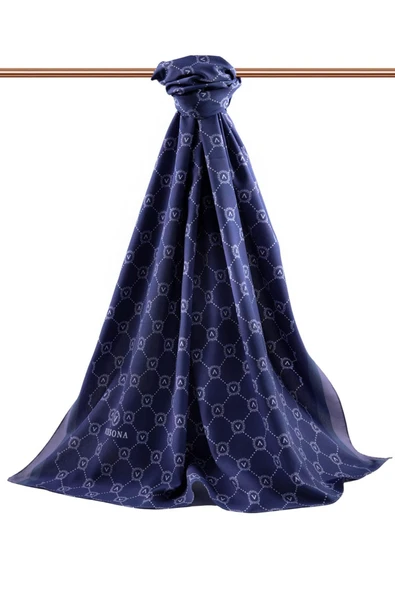 LÜKS MEDİNE İPEĞİ MONOGRAM DESENLİ LACİVERT - BUZ MAVİSİ RENKLİ 75X195 KIRIŞMAZ ŞAL MOSS KREP DİKİŞ TİPİ İTALYAN DİKİŞLİ - Resim 2