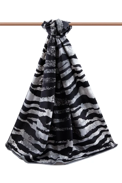 LÜKS MEDİNE İPEĞİ ZEBRA DESENLİ GRİ - SİYAH RENKLİ 75X195 KIRIŞMAZ ŞAL MOSS KREP DİKİŞ TİPİ İTALYAN DİKİŞLİ - Resim 2