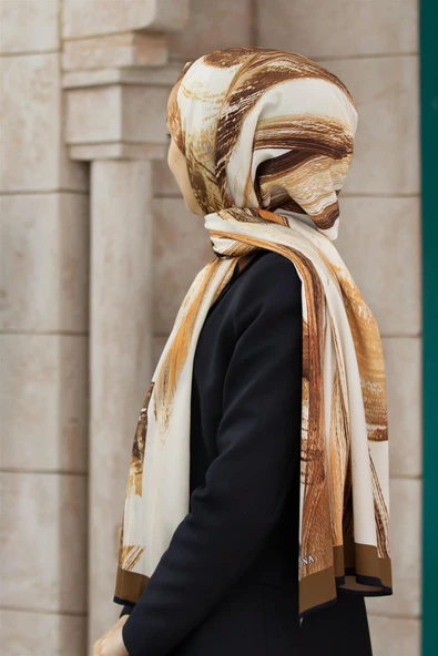 LÜKS MEDİNE İPEĞİ FIRÇA DESENLİ HARDAL RENKLİ 75X195 KIRIŞMAZ ŞAL MOSS KREP DİKİŞ TİPİ İTALYAN DİKİŞLİ ürün görseli