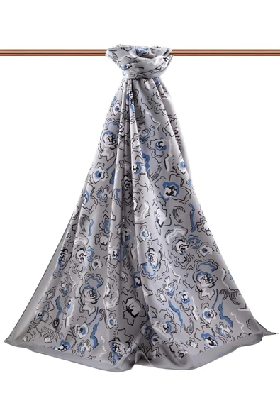 LÜKS MEDİNE İPEĞİ ÇİÇEKLİ KREM - İNDİGO  RENKLİ 75X195 KIRIŞMAZ ŞAL MOSS KREP DİKİŞ TİPİ İTALYAN DİKİŞLİ - Resim 2