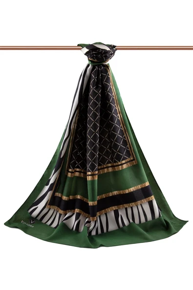 LÜKS MEDİNE ZEBRALI BAKLAVA DESENLİ ZÜMRÜT YEŞİLİ RENKLİ 75X195 KIRIŞMAZ ŞAL MOSS KREP DİKİŞ TİPİ İTALYAN DİKİŞLİ - Resim 2