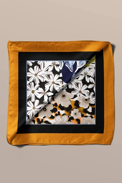 H47 Kadın Sarı Mavi Çiçek Desenli 50x50 Bandana HYL DG01631-22 - Resim 6