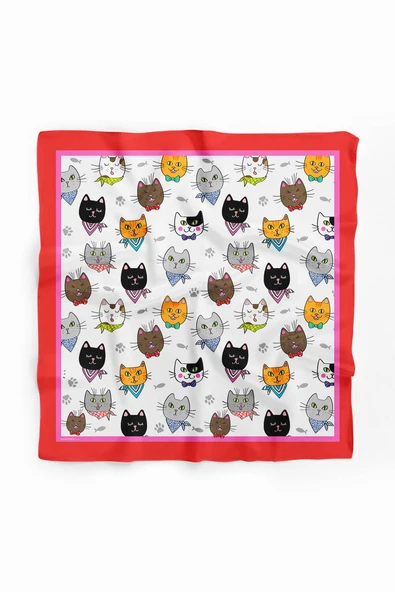 A59 Kadın Kedi Desenli Bandana 50x50 Kırmızı DG0191-22 Snz - Resim 2