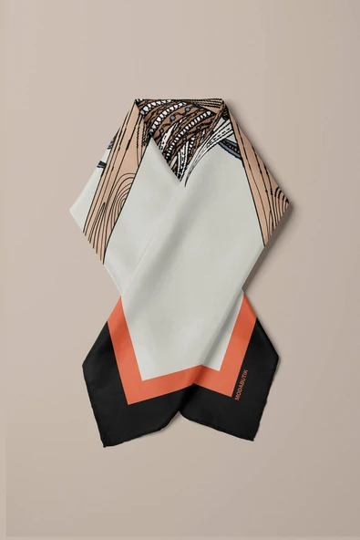 D73 Kadın Krem Ethnic Owl Desenli 50x50 Bandana HYL DG0660-22 - Resim 6