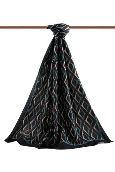 LÜKS MEDİNE İPEĞİ GEOMETRİK DESENLİ SİYAH - PETROL YEŞİLİ RENKLİ 75X195 KIRIŞMAZ ŞAL MOSS KREP DİKİŞ TİPİ İTALYAN DİKİŞLİ - Resim 2