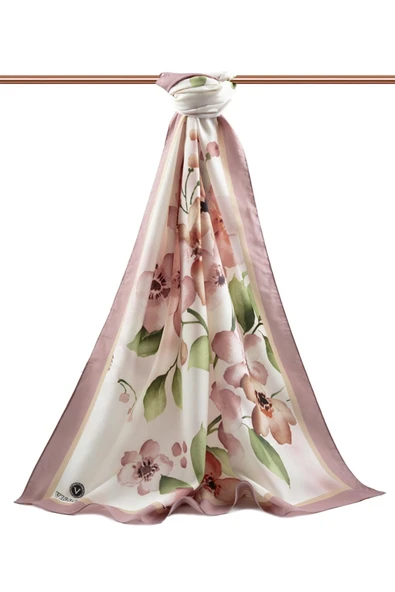 LÜKS MEDİNE İPEĞİ ÇİÇEK DESENLİ PUDRA RENKLİ 75X195 KIRIŞMAZ ŞAL MOSS KREP DİKİŞ TİPİ İTALYAN DİKİŞLİ - Resim 2