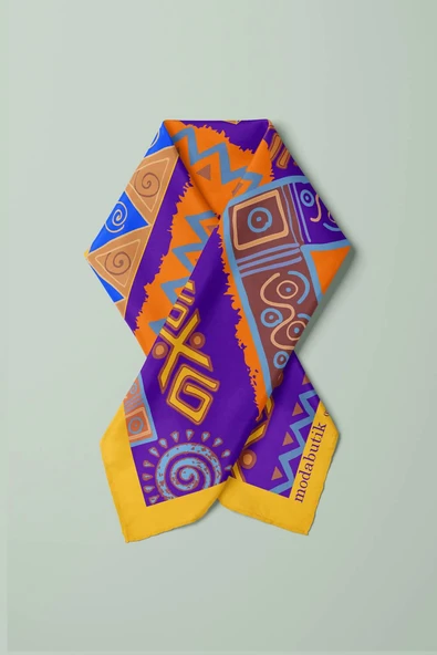 B83 Kadın Etnik Desenli Bandana 50x50 Mor DG0260-22 Snz - Resim 4