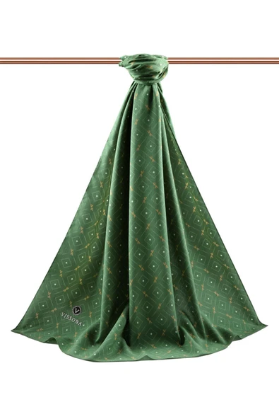 LÜKS MEDİNE İPEĞİ GEOMETRİK DESENLİ ZÜMRÜT YEŞİLİ RENKLİ 75X195 KIRIŞMAZ ŞAL MOSS KREP DİKİŞ TİPİ İTALYAN DİKİŞLİ - Resim 2