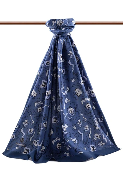 LÜKS MEDİNE İPEĞİ ÇİÇEKLİ İNDİGO - BEBE MAVİ RENKLİ 75X195 KIRIŞMAZ ŞAL MOSS KREP DİKİŞ TİPİ İTALYAN DİKİŞLİ - Resim 2