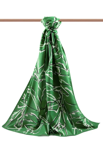 LÜKS MEDİNE İPEĞİ YAPRAK DESENLİ BENETTON YEŞİLİ RENKLİ 75X195 KIRIŞMAZ ŞAL MOSS KREP DİKİŞ TİPİ İTALYAN DİKİŞLİ - Resim 2