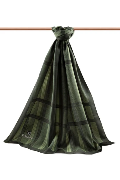 LÜKS MEDİNE İPEĞİ GEOMETRİK DESENLİ HAKİ YEŞİLİ RENKLİ 75X195 KIRIŞMAZ ŞAL MOSS KREP DİKİŞ TİPİ İTALYAN DİKİŞLİ - Resim 2