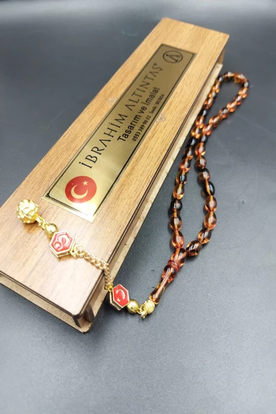 Sarı Siyah Arpa Kesim Ateş Kehribar Tespih (AHŞAP KUTULU) - Resim 2