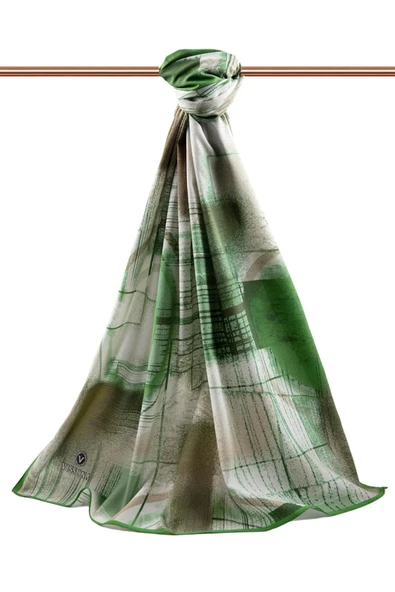 LÜKS MEDİNE İPEĞİ GEOMETRİK DESENLİ ZÜMRÜT YEŞİLİ RENKLİ 75X195 KIRIŞMAZ ŞAL MOSS KREP DİKİŞ TİPİ İTALYAN DİKİŞLİ - Resim 2