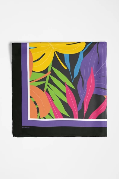 C78 Kadın Mavi Yaprak Desenli 50x50 Bandana HYL DG01692-22 - Resim 3